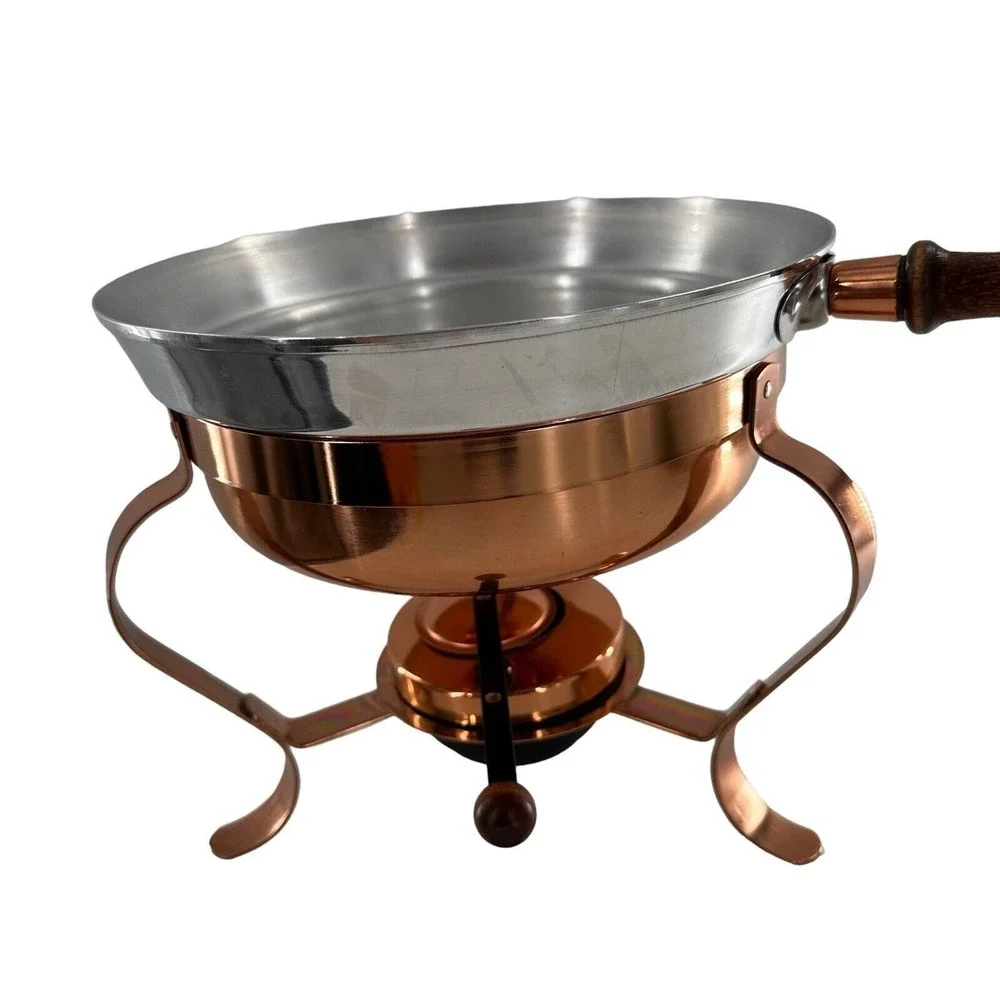 Iron and Copper Chafing‎ Dish Fondue Pan Set Wooden Handle Lightweight No Lid